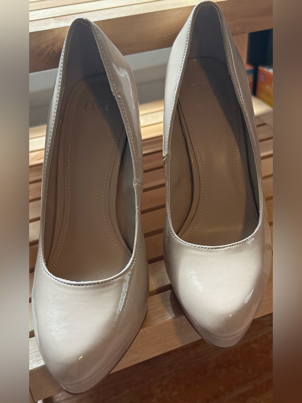 Elle Yelena Platform Cream Patent Round-Toe Pumps